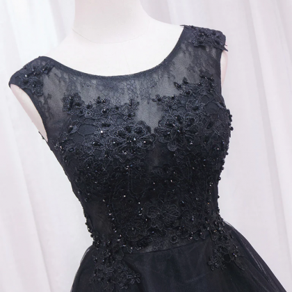 A-line Lace Tulle Black Short Prom Dress, High Low..
