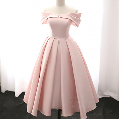 A-line Off Shoulder Satin Tea Length Pink Prom..