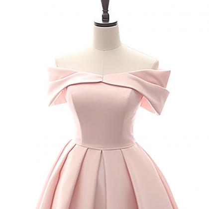 A-line Off Shoulder Satin Tea Length Pink Prom..