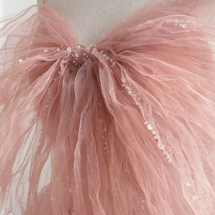 Beautiful A Line Off The Shoulder Pink Satin Tulle Sequin Long Prom Dress, Evening Dress main image 0