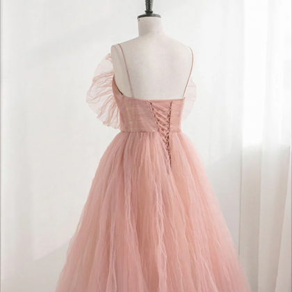 Pink tulle sequin long prom dress retract your waist formal dress
