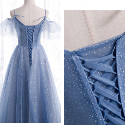 A-line Blue Tulle Sequin Long Prom Dress, Halter Blue Evening Dress Party Dress