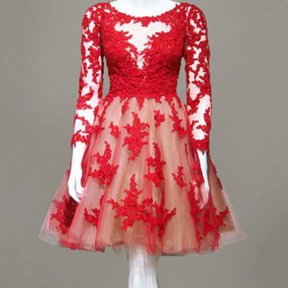 Real Made Red Lace O-neck Homecoming Dresses ,long..