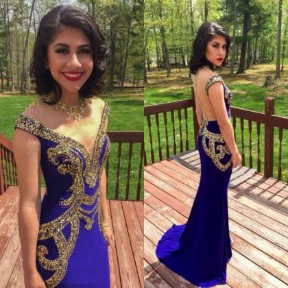 Long Royal Blue Prom Dresses With Sheer Back..
