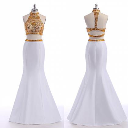 Bling White Prom Dresses 2016 With Gold Crystals..