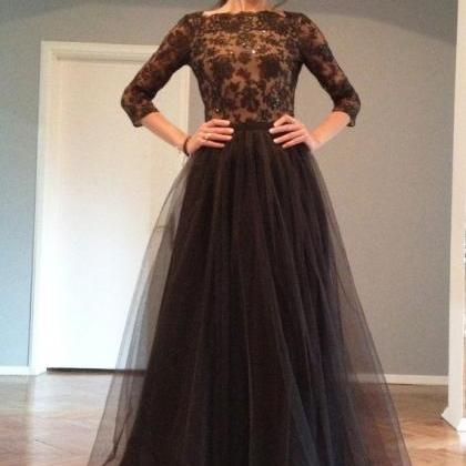 Tulle Long Sleeve Black Lace Evening Gowns Dresses..