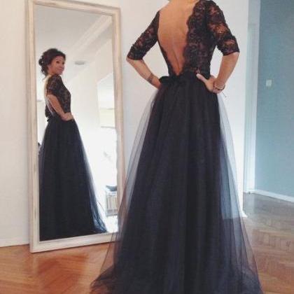Tulle Long Sleeve Black Lace Evening Gowns Dresses..