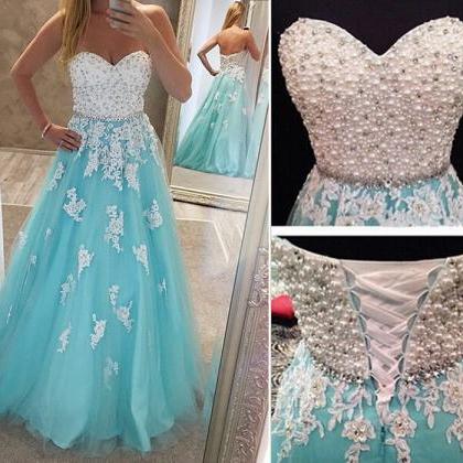 Blue Prom Gown,lace Prom Gown,sweetheart Prom..