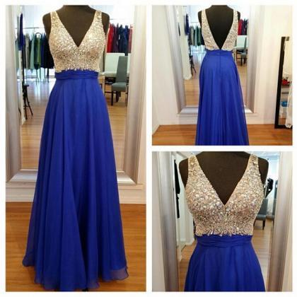 A-line V-neckline Blue Prom Dress,deep V-back..