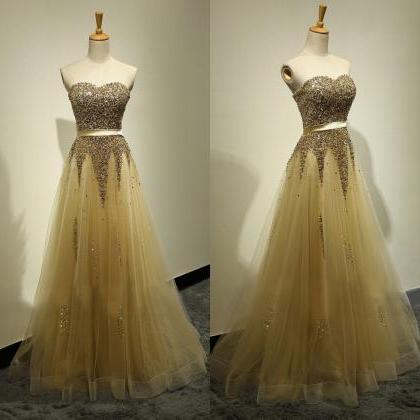 Floor Length Handmade Beaded Gold Prom Dress