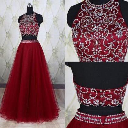 Wine Red 2 Piece Prom Dresses With Sheer Neckline..