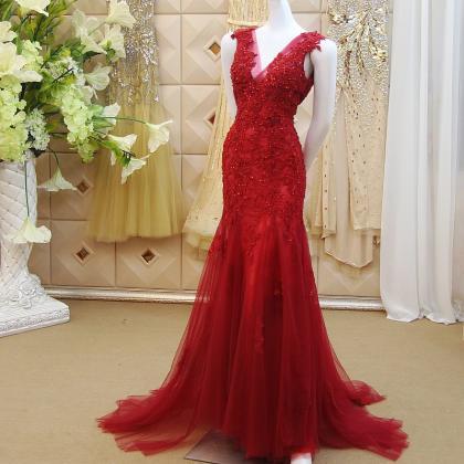 3d-floral Appliques Chinese Red Mermaid Wedding..
