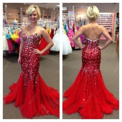 Red Sequins And Tulle Mermaid Long Beaded Prom..