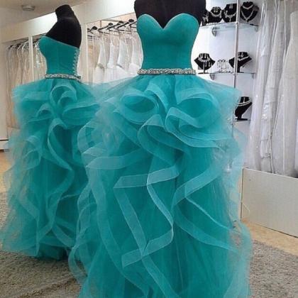 Teal Tulle Sweetheart Ball Gown Prom Dress With..