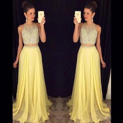 Yellow Prom Dresses,2 Piece Prom Gown,two Piece..