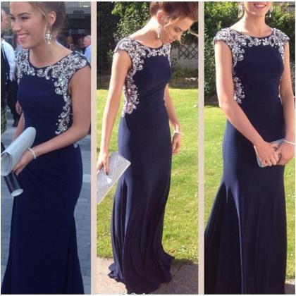 Prom Dress, Elegant Navy-blue Prom-dresses,long..