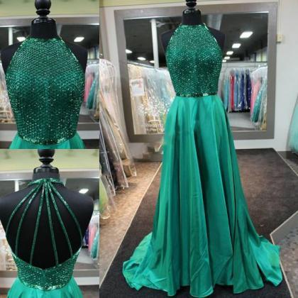 Charming Halter Beaded Prom Dress,dark Green Prom..