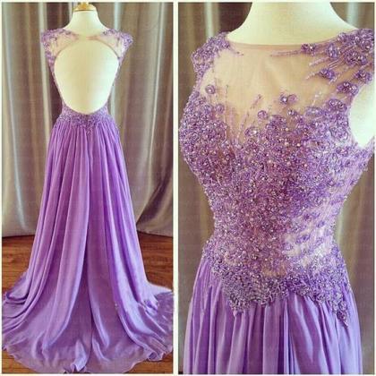 Lilac A-line Backless Beaded Appliques Long Prom..