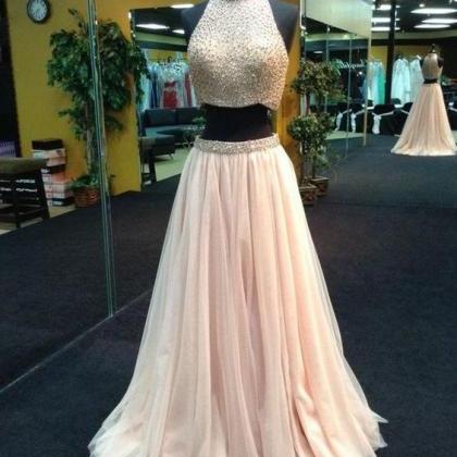 Pearl Pink Halter Two Piece Beaded Long Prom..