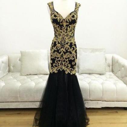 Black Mermaid Prom Dress Beaded Prom Dress Long..
