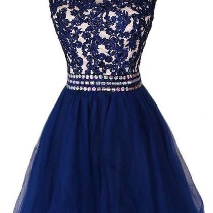 Lovely Navy Blue Short Lace Applique Prom Dresses..