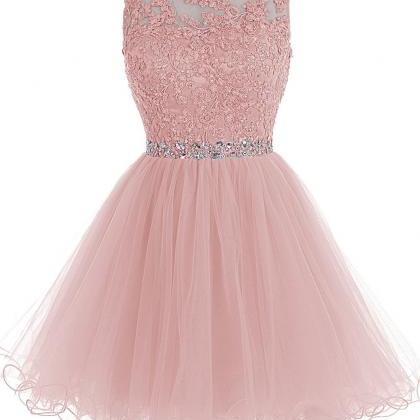 Pearl Pink Short Prom Dress, Lace Beaded Prom..