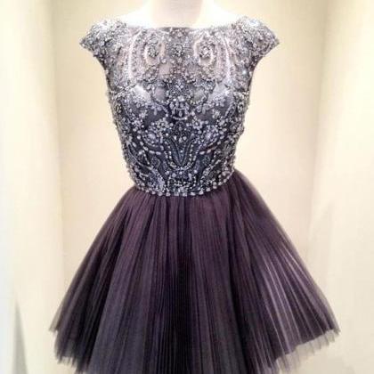 Short Dark Grey Bead Tulle Prom Dress, Custom Made..