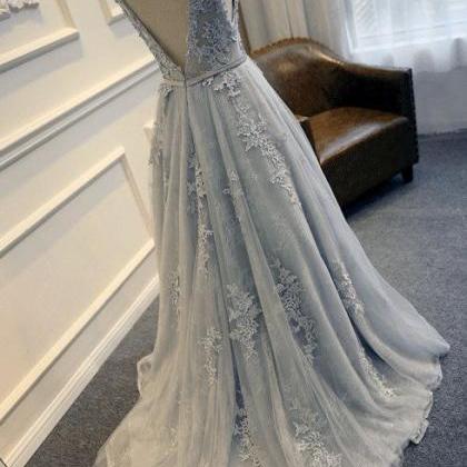 Gray Blue Lace Wedding Dress, Romantic Wedding..