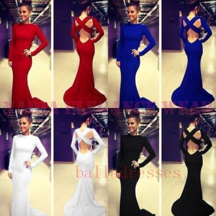 Simple Prom Dress, Long Sleeves Prom Dress, Open..