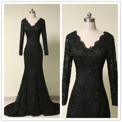 Black Lace Prom Dress , Long Sleeves Lace Prom..