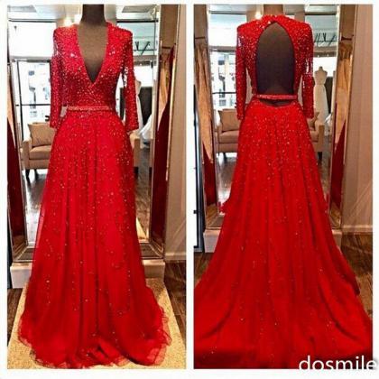 Design Elegant Red Long Sleeves Evening Dresses..