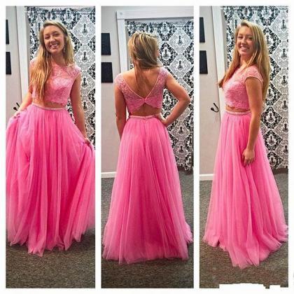 Elegant Pink Two Pieces Beaded Crystals Prom..