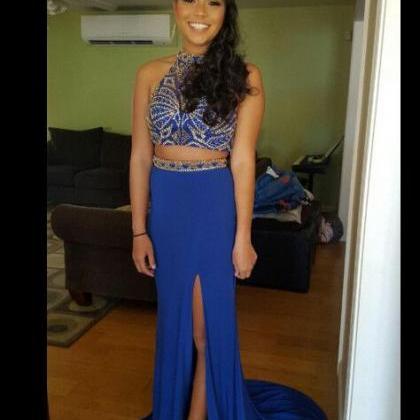 Royal Blue Two Pieces Beading Custom Made Prom..