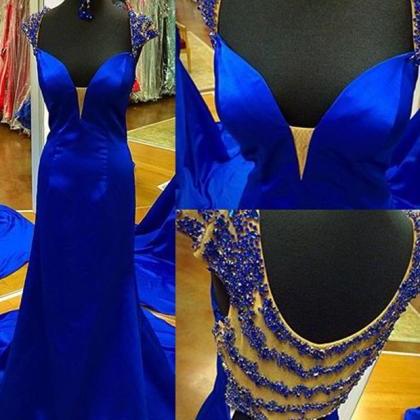 Royal Blue Gorgeous Prom Dress -mermaid V-neck Cap..
