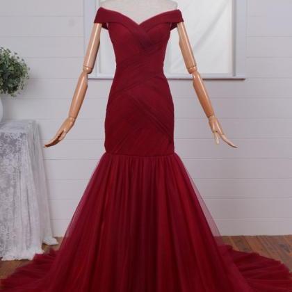 Off-shoulder Ruched Mermaid Prom Dress-dark Red..