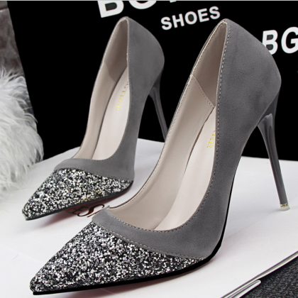 Pointed Toe Glittery High Heel Sued..