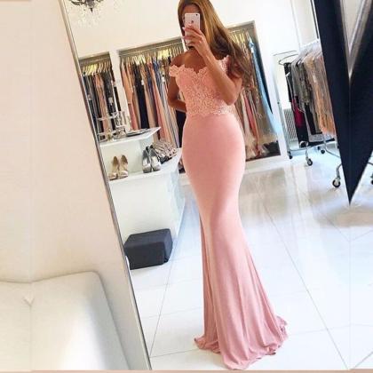Lace Beading Pink Mermaid Formal Prom Dresses..