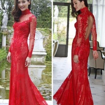 High Neck Lace Mermaid Red Evening Dresses Long..