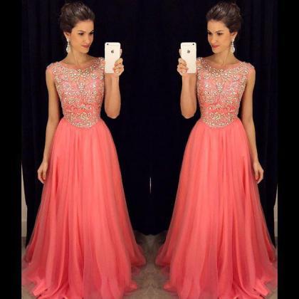 Tulle Sleeveless Crystal A-line Popular Scoop Prom..