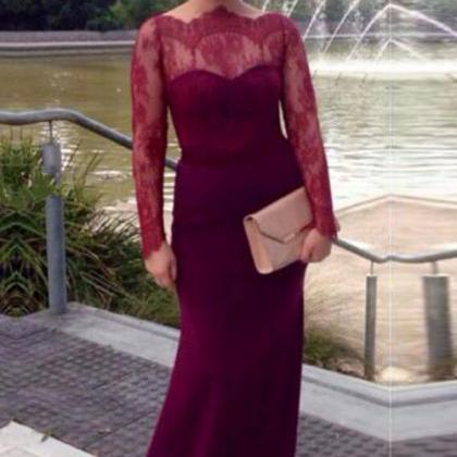 Burgundy Fitted Formal Evening Gown With Sheer..