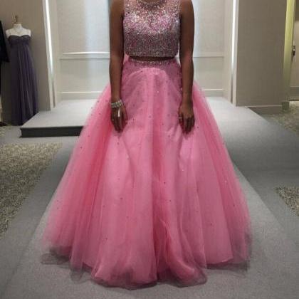 Sexy Evening Gowns Beaded Pink Tulle Two Piece..