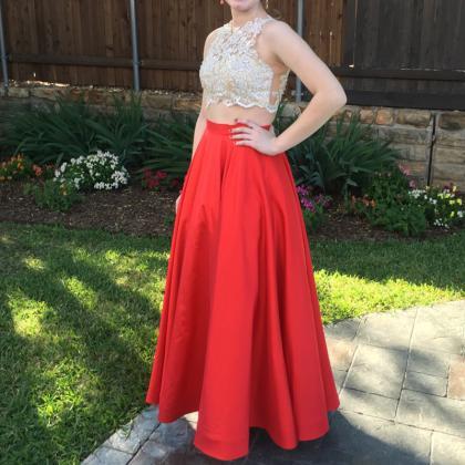 2 Piece Prom Gown,two Piece Prom Dresses,red..