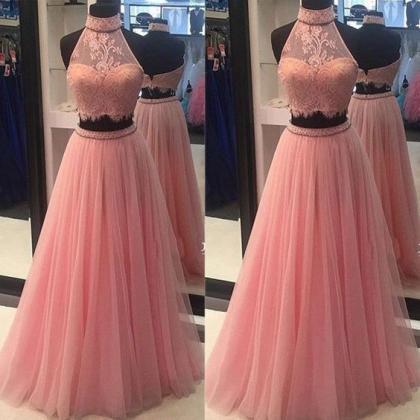 Pink Prom Dresses,2 Pieces Prom Gowns, Pink Prom..
