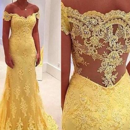 Prom Gown,yellow Prom Dresses With Lace,off The..