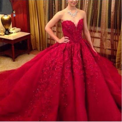 Red Prom Dress,ball Gown Lace Prom Dress,beaded..