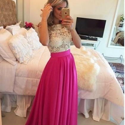 Elegant Lace Prom Dresses,Pink Chif..
