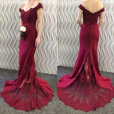 Prom Dress,burgundy Mermaid Lace Long Prom Dress,..