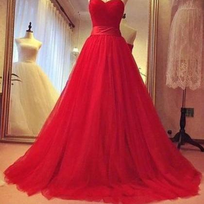 Prom Dress,red A-line Sweetheart Tulle Long Prom..