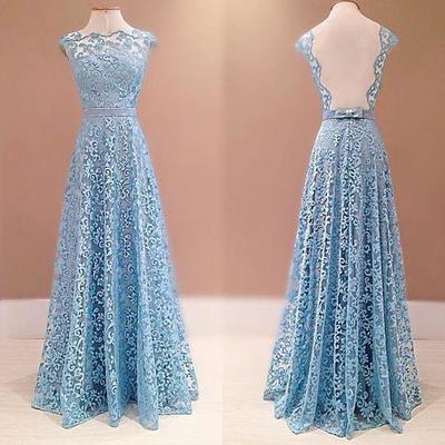 Prom Dress,blue A-line Lace Long Prom..