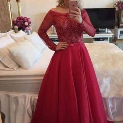 Prom Dress,pretty Red A-line Lace Long Sleeve Prom..